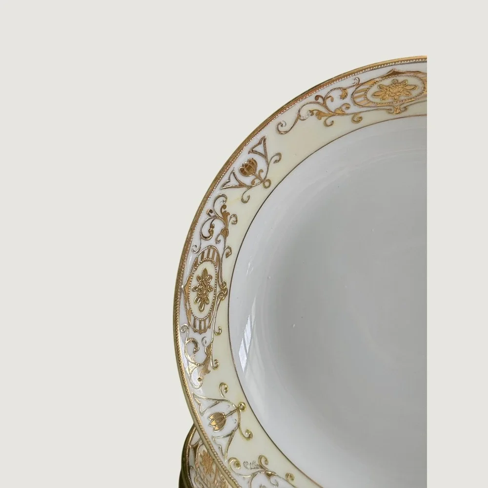Four Vintage Noritake Christmas Ball 175 Gold Scroll Floral 7.5